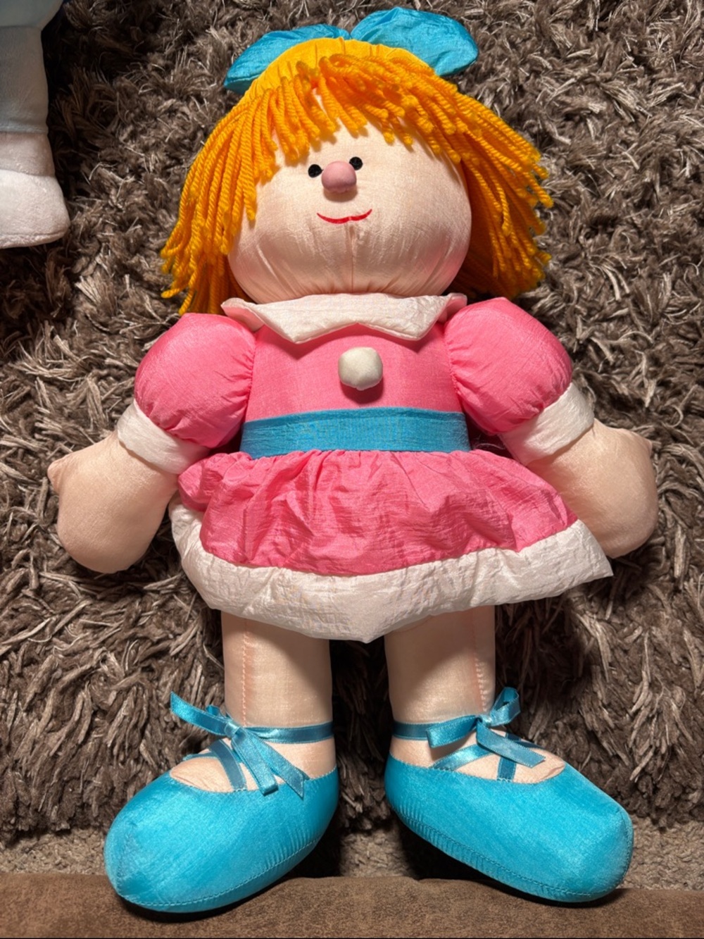 Vintage 21” Tall Orange Yarn Hair Pink, Blue & White Clothing Rag Doll Plush Toy